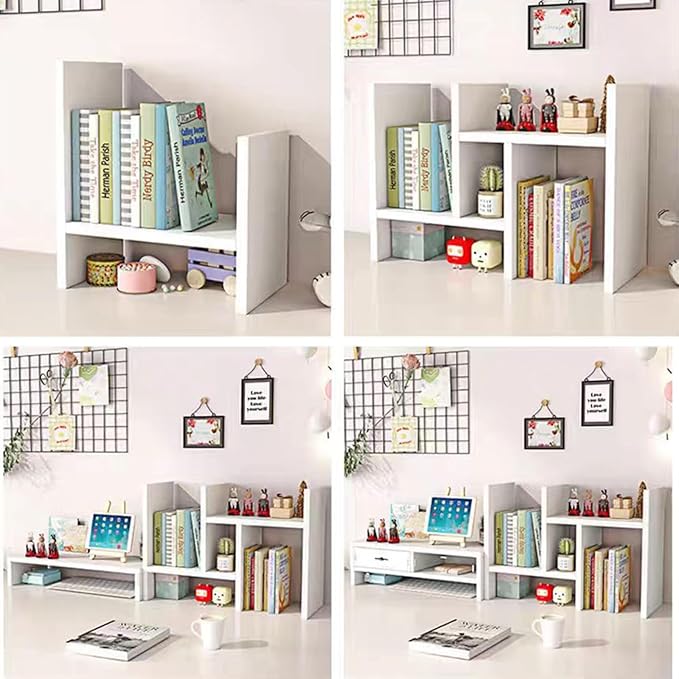 Desktop Shelf Organizer, Adjustable Wood Office Storage Rack, Counter Display Small Bookshelf for Home/Office/School(White)