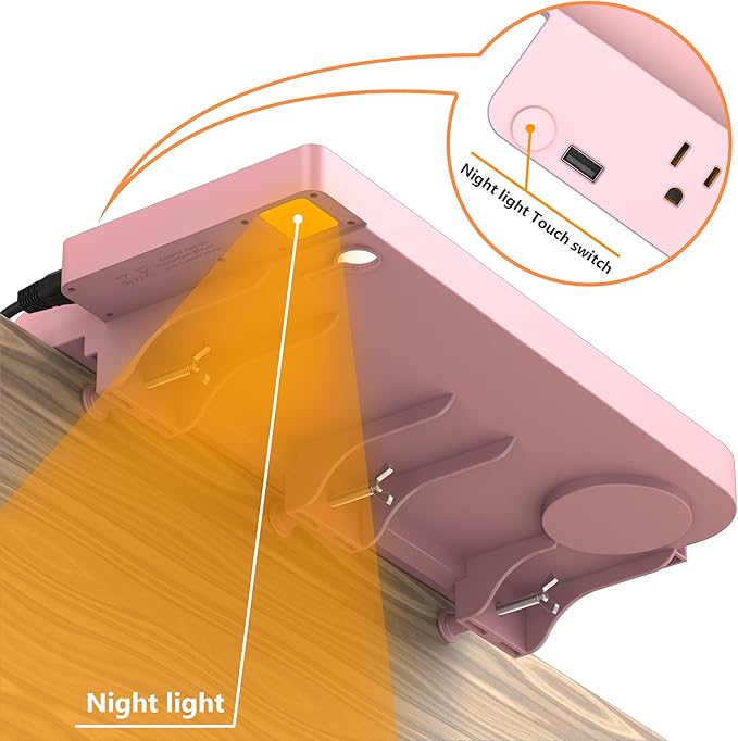 Hiree Bedside Shelf for Dorm Bunk Bed with USB Charging Port and 2 AC Outlets, Bed Side Table Tray Organizer, College Dorm Essential Clip On Bedside Tray, Loft Nightstand Decor, Plus Size, Pink
