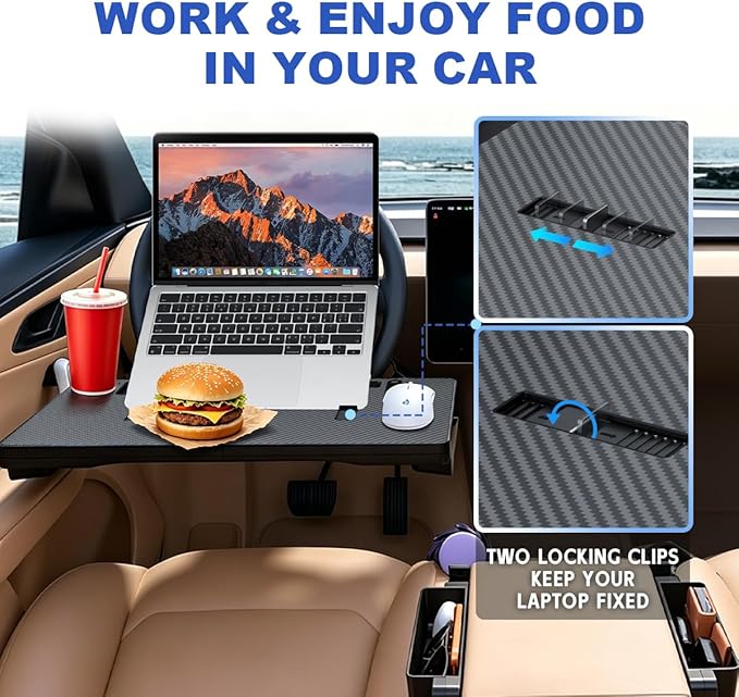 2 in 1 Large Car Steering Wheel Tray Table, Car Seat Gap Filler Organizer, Detachable Car Desk with Carbon Fiber Texture, Steering Wheel Laptop Mount Food Tray Fit for Most Cars