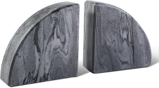 Karibiber Marble Bookend for Shelves, Non-Skid Bookends for Heavy Books, Heavy Duty Book Stopper for CDs, Luxury Book Shelf Holder, Quarter Circle Design Book Ends Decorative, Monte Grigio, Set of 2