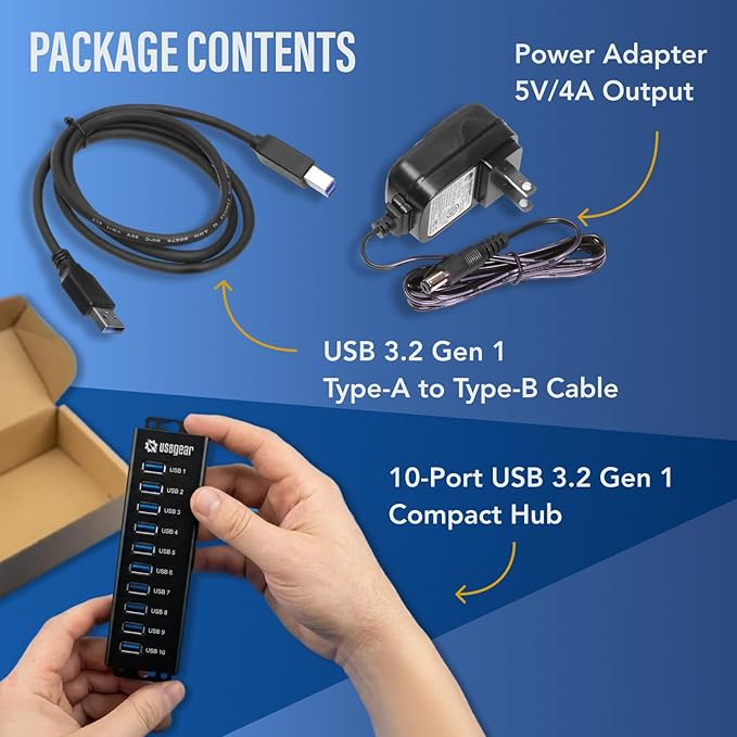 USBGear 10-Port USB Hub 3.2 Gen 1 – Mountable SuperSpeed Data Hub with USB Ports for Laptop, PC, Desktop, and More, 5V/4A Power Adapter with Type-A to Type-B Cable (3ft), Computer Accessories