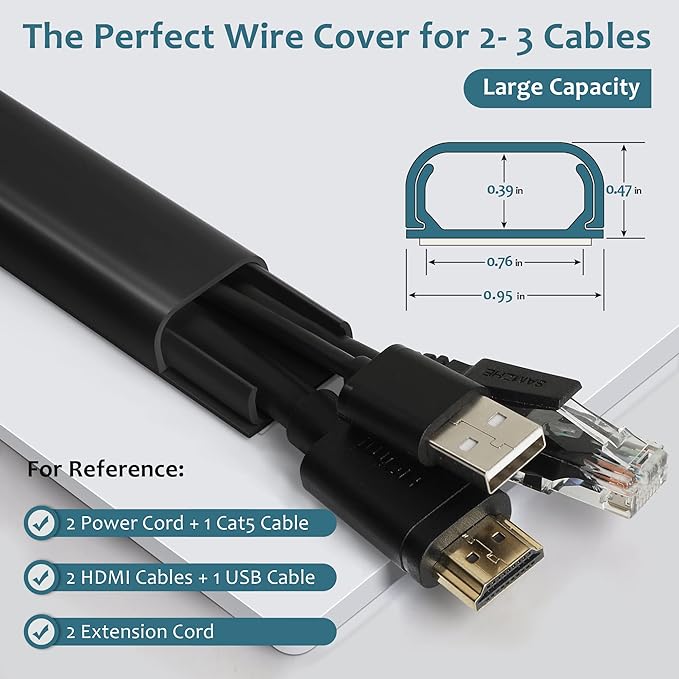 Cable Hider Raceway Kit, Wire Hiders for TV on Wall 68in (4X L17in), Paintable Cord Cover Channel, Cord Hider for Wall Mounted TV in Home Office, W0.95in X H0.47in, Black