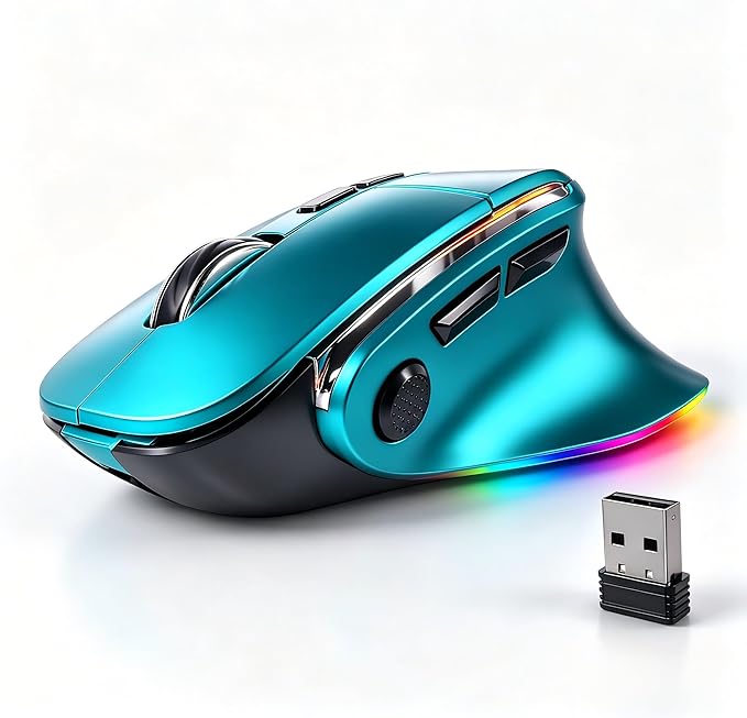 Ergonomic Mouse Jiggler,Bluetooth Vertical Wireless Mouse,LED Rechargeable Optical Computer Mice, Portable(BT5.2 or USB 2.4GHz) Dual Mode,1000/1600/2400 DPI,8 Buttons for Laptop,PC,Macbook (Blue)