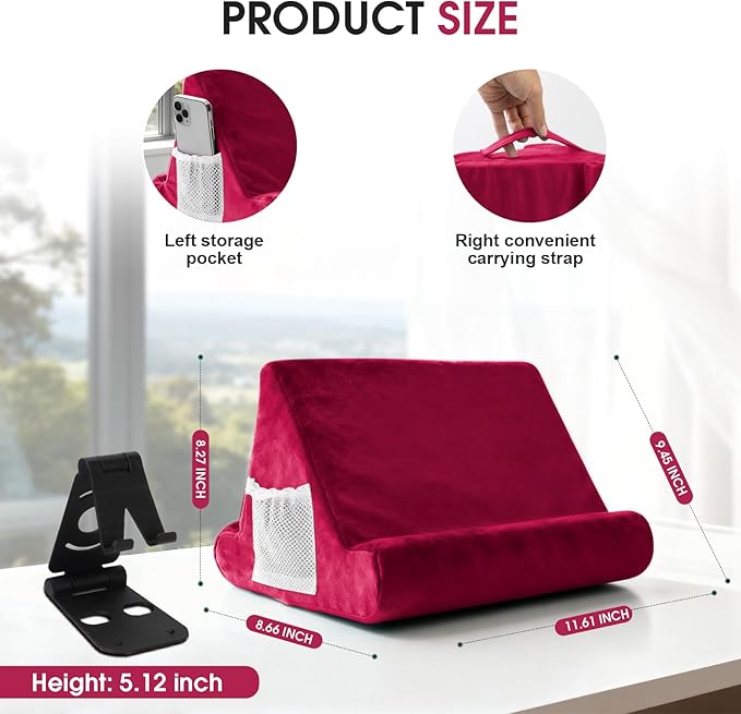 Multi-Angle Tablet Stand with Soft Pad and Net Pocket - Universal Phone and Pad Holder for Lap, Knee, Sofa and Bed (Wine Red)