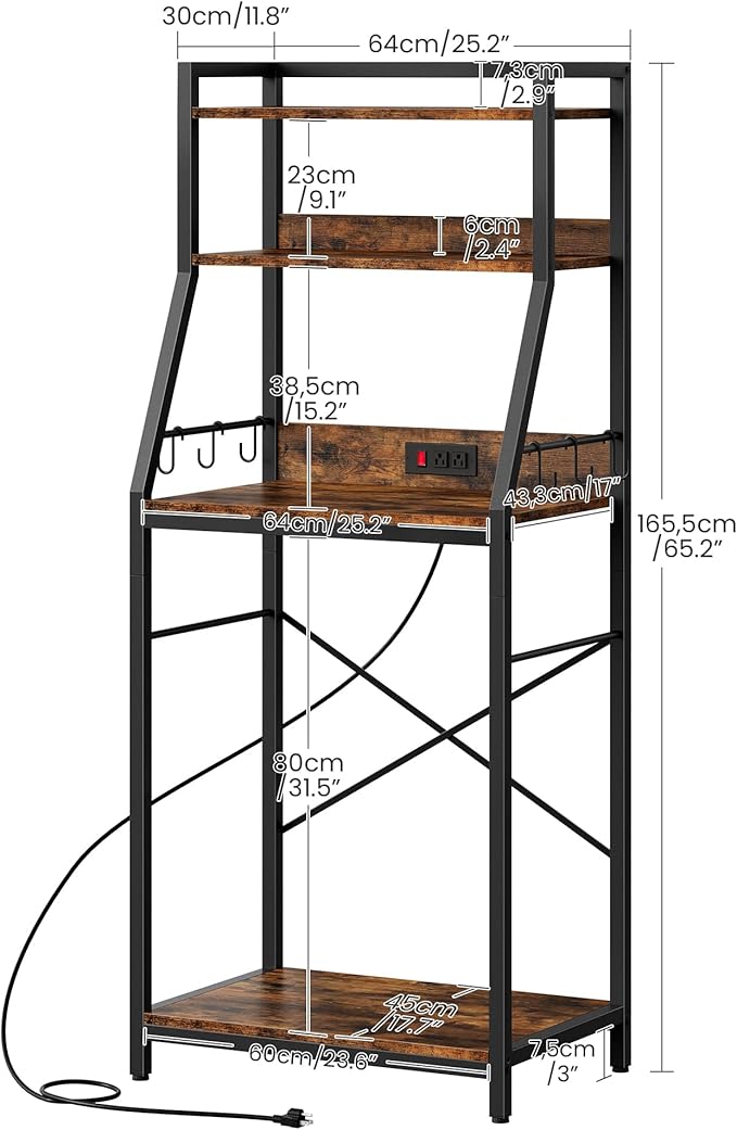 CHOEZON 4-Tier Bakers Rack with Mini Fridge Stand, Coffee Bar Station, Microwave Stand with Charging Station, Kitchen Storage Rack with 6 Hooks, for Kitchen, Dining Room, Rustic Brown THB03UBF