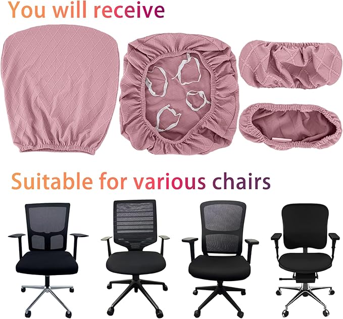 4 Pcs Office Chair Cover Set with 4 Extra Elastic Straps Universal Protective Office Chair Covers Stretchable Desk Chair Cover Office Armrest Cushion Backrest for Rotating Chair (Pink)