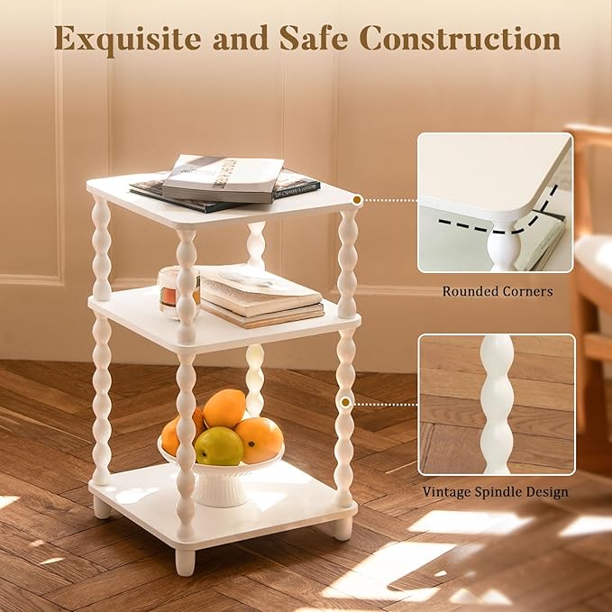 Fultyle End Table, Small Side Table with 3 Tier Open Shelf, Modern NightStand Bedside Table for Living Room, Bedroom, Office and Small Spaces (White)
