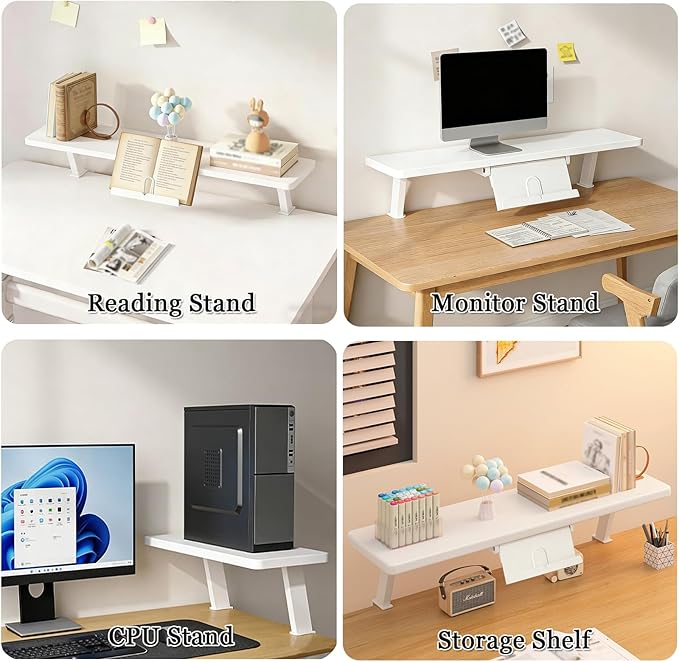 31.4x7.8 in Clamp on Desk Shelf, Adjustable Floating Desks Shelf with Reading Stand Space Saving Laptop Riser Stand for Office, Dorm, Home Desk Organization, White