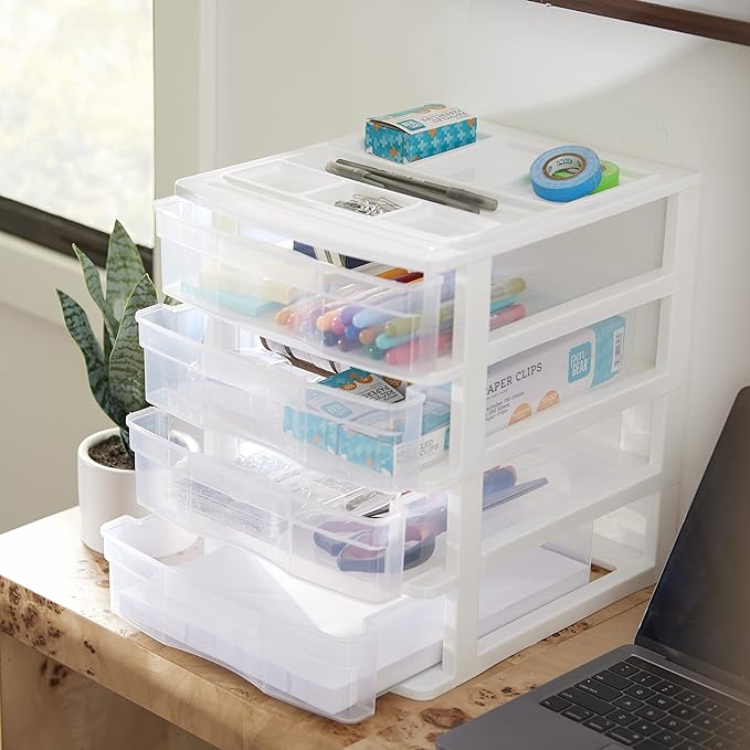 Gracious Living 4 Drawer Desktop & Countertop Organizer w/Organization Lid for Craft Storage, Office Supplies & School Supplies, White/Clear (4 Pack)