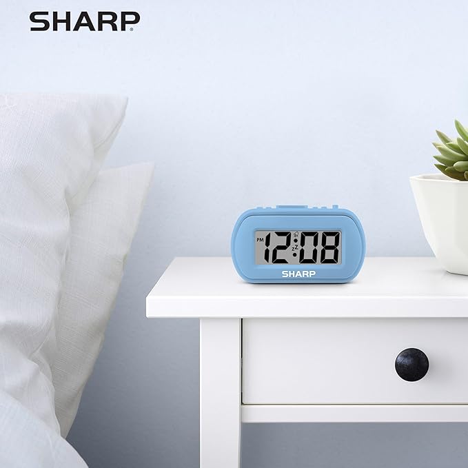 Sharp Digital Alarm Clock – Tactile Case with Soft Rubberized Finish - Battery Operated – Blue Backlight on Demand – Ascending Alarm – Easy to Use – Light Blue