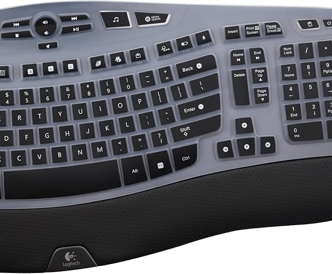 Keyboard Cover for Logitech K350 MK570 MK550 Wireless Wave Keyboard, Logitech MK570 MK550 Ergonomic Wave Keyboard, Ultra Thin Silicone Keyboard Skin, K350 K570 K550 Protective Accessories -Black