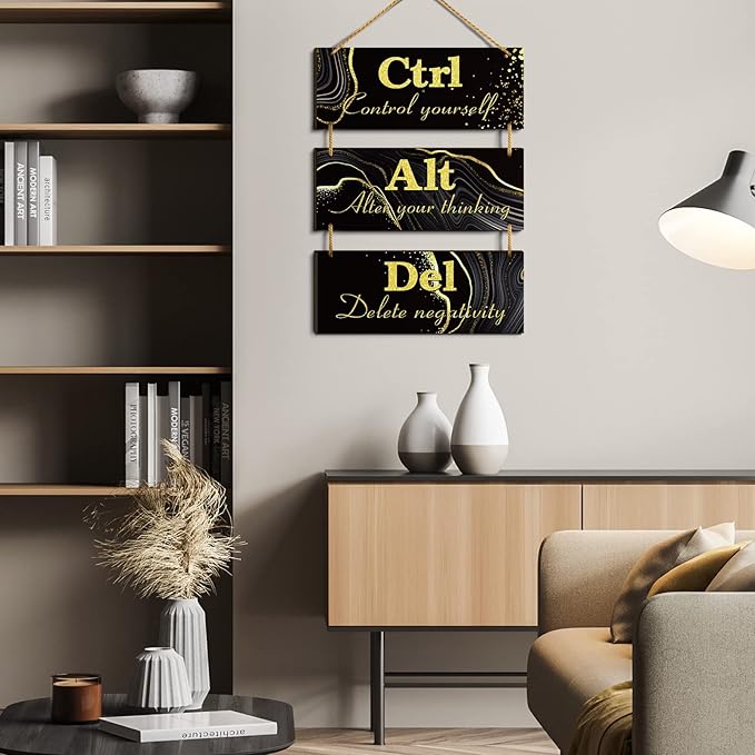 Qunclay Black and Gold Office Wall Decor Ctrl Alt Del Inspirational Rustic Wall Hanging Wooden Signs Motivational Art with Sayings Motivational Plaques for Home Living Room Decoration, 10 x 4 Inch