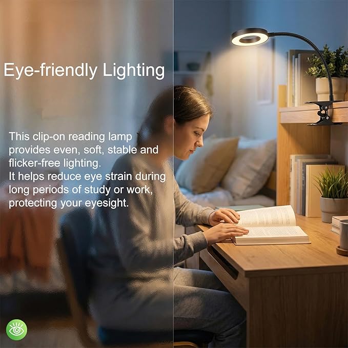 Desk Lamp with Clamp, 3 Color Modes & 10 Brightness LED Desk Light, 360°Adjustable Reading Lamps for Bed, Headboard, Clip on Light for Home Office Study Craft (Black)