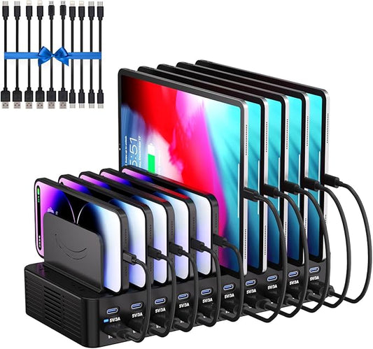 270W Charging Station for Multiple Devices, 20-Port USB Fast Charging Station with Adjustable Dividers & 10 Cables, Multi Device Organizer Charging Dock for iPhone, iPad, Tablets & More(Black)