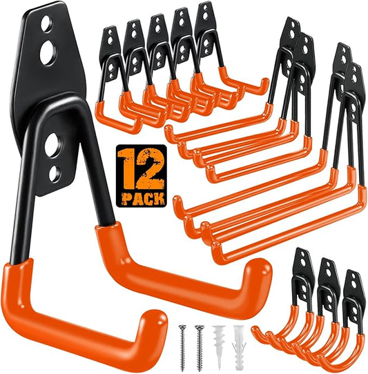HUPBIPY 12 Pack Garage Hooks Heavy Duty Utility Steel with Anti-Slip Coating Wall Mount Storage Organizer for Hanging Power and Garden Tools, Ladders, Hose, Bikes, Ropes, Bulk Items, and More