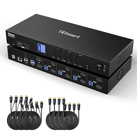 TESmart HDMI KVM Switch 4 Computers 2 Monitors USB 3.0, Dual 4K@60Hz HDMI 2.0 | Gigabit Network | EDID | Extended Display | Hotkey & Button Switch with All Input Cables