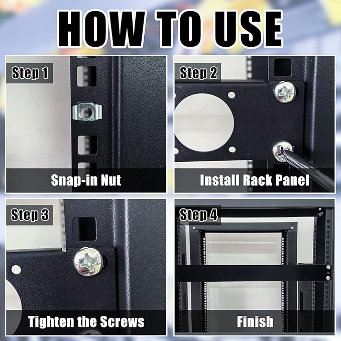 Leinuosen 4 Pcs 1U Rack Cable Management Sleeves Horizontal Mount Cable 12 Slot Management Clips Rack with Panel Cover 19 Inch for Wall Shelf Mount