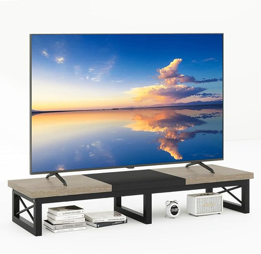 IBUYKE 45" Large TV Riser for 32-60 inch TV,Tabletop Short TV Stand with Storage and Steel Legs,Dual Screen Office Desk,Stand Riser,TV Riser Stand for Home,Bedroom,Living Room,Greige Black TVT002YB