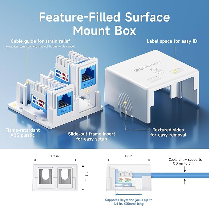 Cable Matters UL Listed 5-Pack 2-Port Keystone Jack Surface Mount Box in White