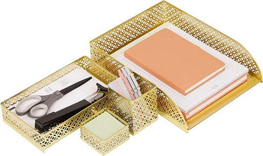 Mind Reader Gold Desk Organizer Set, Includes Pen Cup, Catchall Tray, File Box & Paper Tray, 4-Piece Metal Desktop Accessory Kit