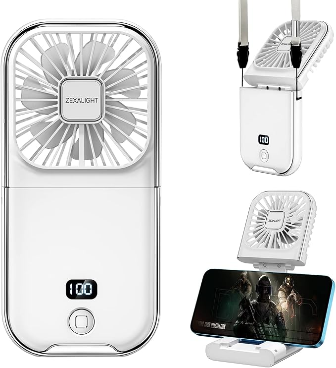 USB Rechargeable Upgraded 5-in-1 Portable Handheld Fan, Necklace Fan, Desk Fan, Foldable Phone Stand, 4 Speeds Airflow, Quiet Personal Fans with LED Digital Screen (White)