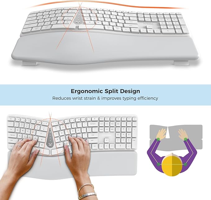 KYSONA Ergonomic Keyboard Mouse Wireless Combo, Full Size Bluetooth Split Keyboard with Wrist Rest, 4 Level DPI Ergo Mouse for Windows Mac OS Computer, White