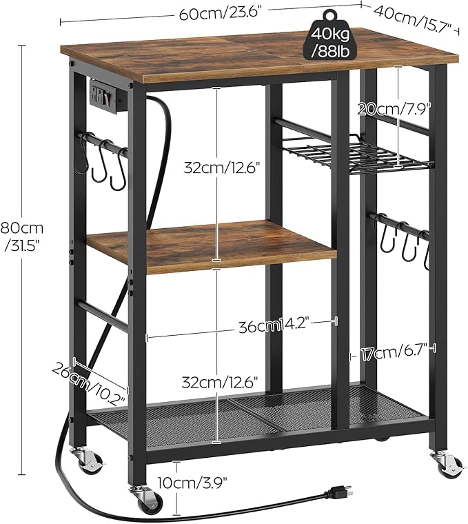 YATINEY Movable Bakers Rack, Microwave Stand with Charging Station, Kitchen Storage Rack with Hooks and Basket, Casters and Adjustable Feet, for Small Space, Kitchen, Dining Room, Rustic Brown HB04UBR