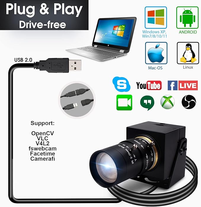 SVPRO 8MP USB Camera, Manual Focus Webcam with Varifocal 5-50mm CS Mount Lens-10X Zoom External Camera for Laptop PC Computer, UVC Plug and Play UVC