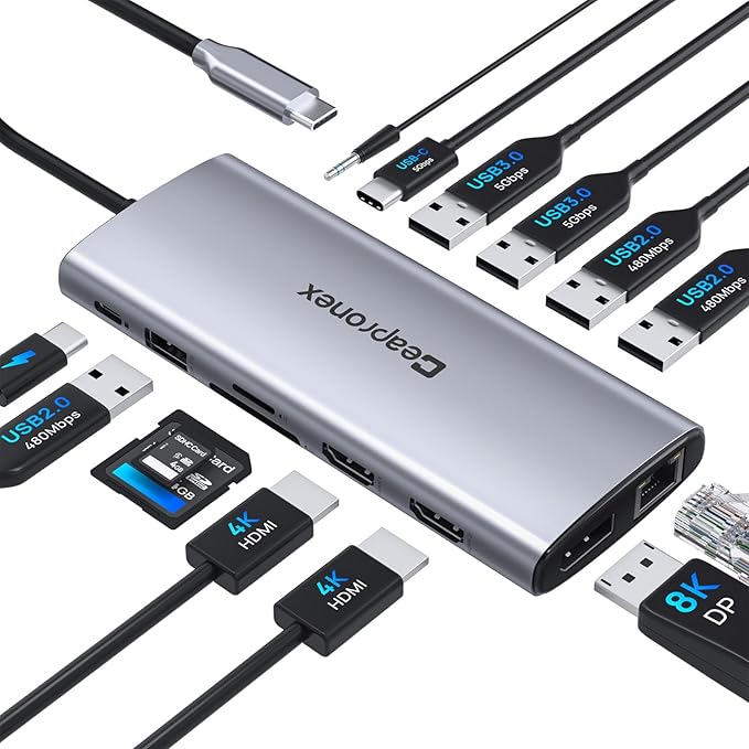 USB C Docking Station 14 in 1 with 2 HDMI 4K + DP 8K 3 Monitors Triple Display for Laptop,/MacBook Pro/Air/HP/DELL/Lenovo, USB C Hub Dongle Dock with USB 3.0, RJ45,100W PD, SD/TF, Audio/Mic
