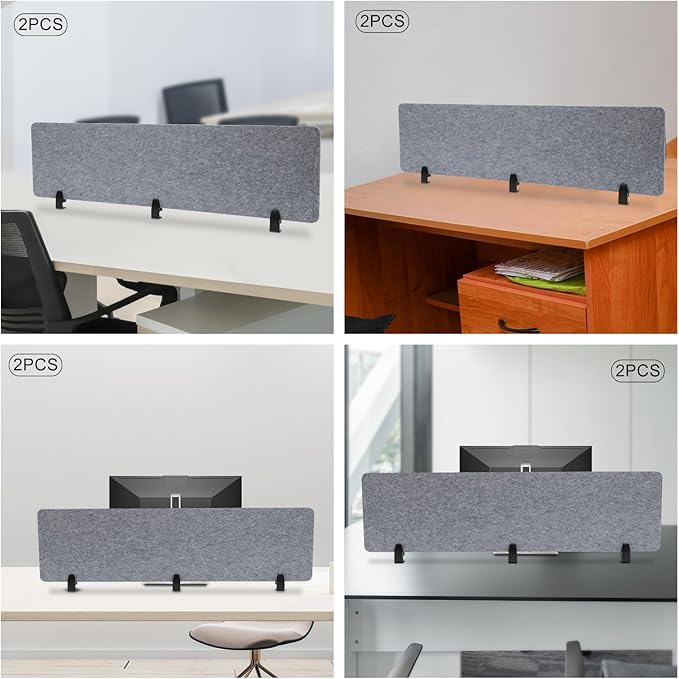 Acoustic Desk Divider, 2Pcs Tabletop Mounted Privacy Cubicle Panels, Clamp-On Polyester Fiber Felt Partition, Noise Reducing Office Partition for Workstation, Classroom, Study Area, 60 * 16in Grey