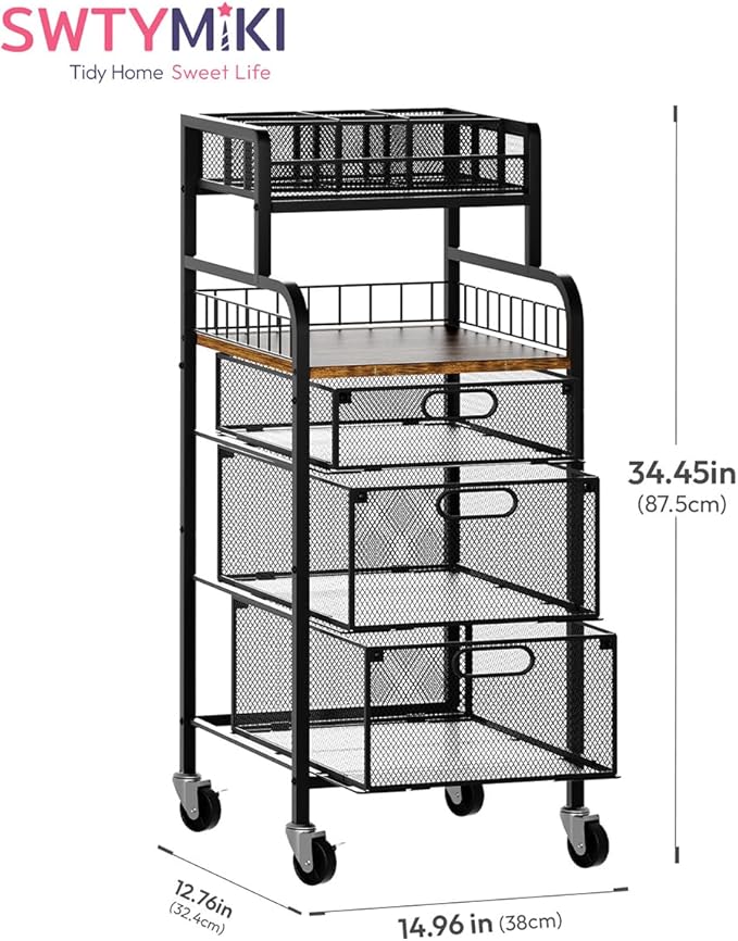 SWTYMIKI Office Rolling Cart with 3 Drawers - Metal Utility Cart with Wood Shelf, DIY Divider and Locking Wheels, Craft & Art Cart Organizer for Under Desk Storage for Home Office Studio, Espresso