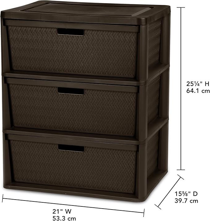 Brown Storage Drawer, 3 Drawer Plastic Weave Wide Tower with Pull Handles