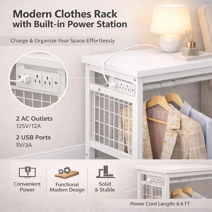 Simple Deluxe Storage Clothes Rack with 6 Drawers, Charging Station & LED Lights, Fabric Chest Shelves Clothing Rack, Wooden Portable Wardrobe Closet, 49.2" W x 15.7" D x 47.2" H, White
