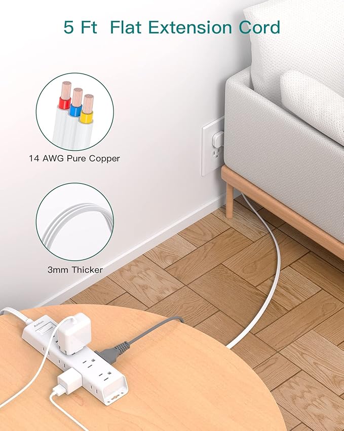 Flat Plug Power Strip, Ultra Thin Flat Extension Cord - Addtam 12 Widely AC 3 Sides Multiple Outlets, 5Ft, Wall Mount, Desk Charging Station for Home Office Dorm Room Essentials