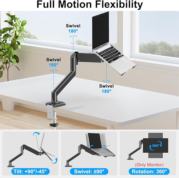 Laptop Stand Desk Mount, 2 in 1 Function, Gas Spring Arm Fits Max 17" Notebook and 32" Computer Screen, Single Monitor Mount with Laptop Tray, Holds up to 17.6lbs