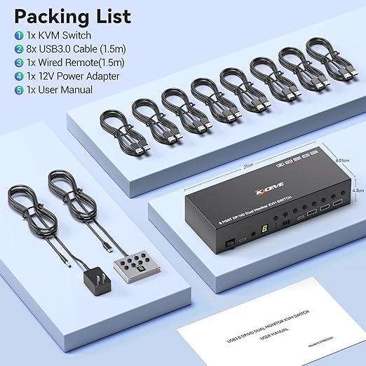 8 Port KVM Switch 2 Monitors 8 Computers 4K@60Hz EDID Simulation,8 PC HDMI Displayport Dual Monitor KVM Switch with 4 USB 3.0 Ports, Audio, RS232, Wired Remote, 12V Adapter & 8 USB Cables