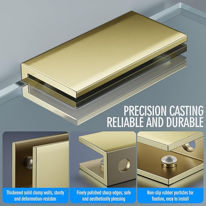 Ranbo 2 Pcs Frameless Glass Clamp Brackets for Shelf and Shower, Heavy Duty Wall Mount Rectangular Holders for 1/4" to 1/2" Panels, Matte Gold Finish Hardware