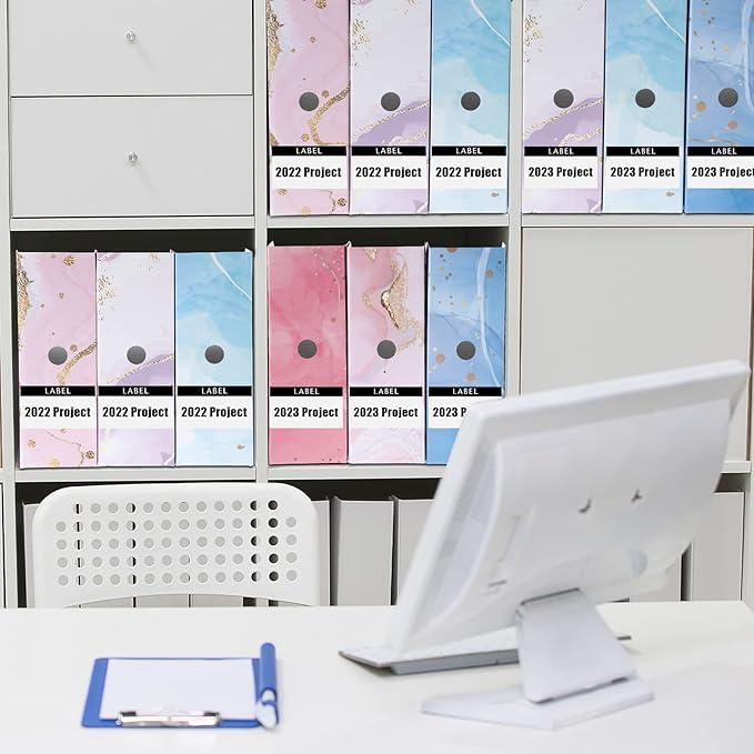 PerKoop 12 Pcs Decorative Magazine File Holders Floral Foldable File Folders Magazine Storage Boxes Rack Desk Organizer Documents with Printable Labels for School Office Home (Marble)
