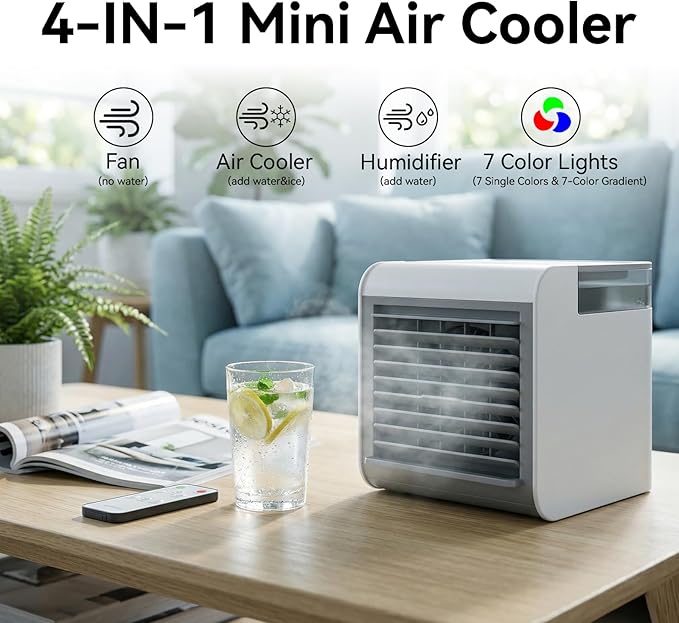 Portable Air Conditioner Fan, 4-in-1 Mini Air Cooler with 450ML Water Tank, 3 Speeds Portable Fan 7 Colors LED Ambient Light, Mini Evaporative Cooler Desktop Humidifier Fan for Bedroom Office Travel