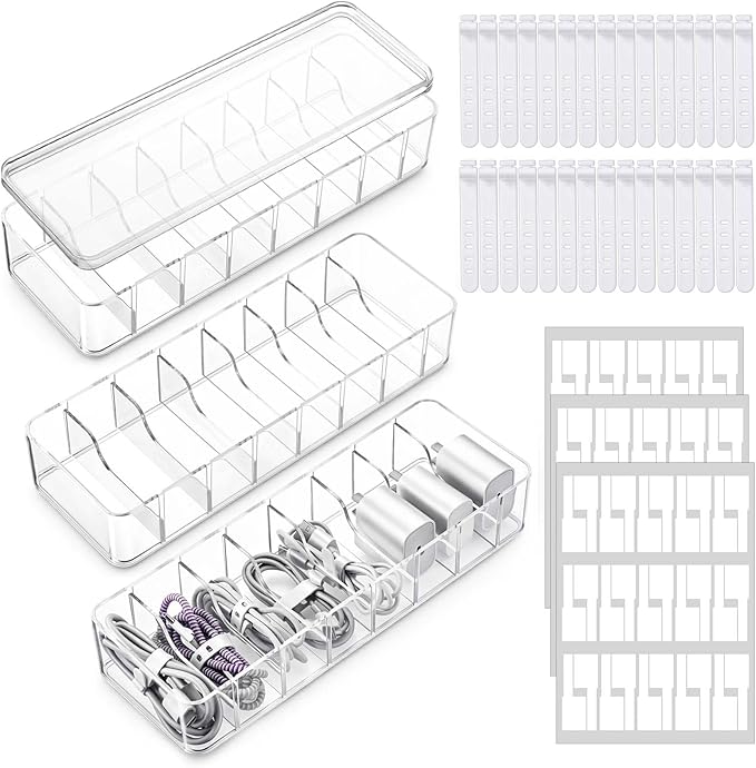 3 Pack Cable Organizer Storage Box with 30 Wire Ties and Sticker, Clear Cord Storage Organizers with Lid, Phone Charger Organizer Case Wire Organizers, Desktop Cable Management Box for Home Office