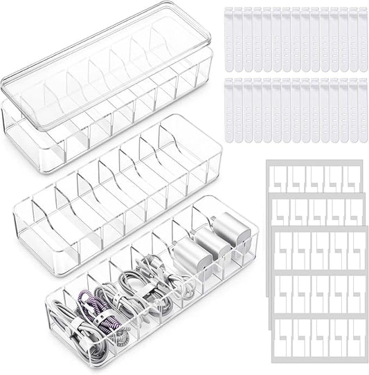 3 Pack Cable Organizer Storage Box with 30 Wire Ties and Sticker, Clear Cord Storage Organizers with Lid, Phone Charger Organizer Case Wire Organizers, Desktop Cable Management Box for Home Office