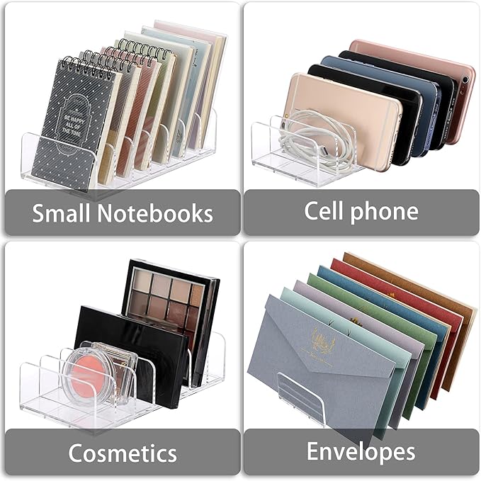 Hipiwe 4-Pack Plastic Eyeshadow Palette Makeup Organizer 7-Slot File Mail Organizer Clear Desktop Bill Divider Holder Cosmetic Accessories Storage Organizer for Cash Money, Paper Envelope,Vanity