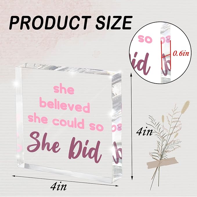 Pink Office Decor - Congratulations Gifts For Women - She Believed She Could So She Did Pink Office Desk Decor Accessories Acrylic Square Shape Sign - Inspirational Gift For Women