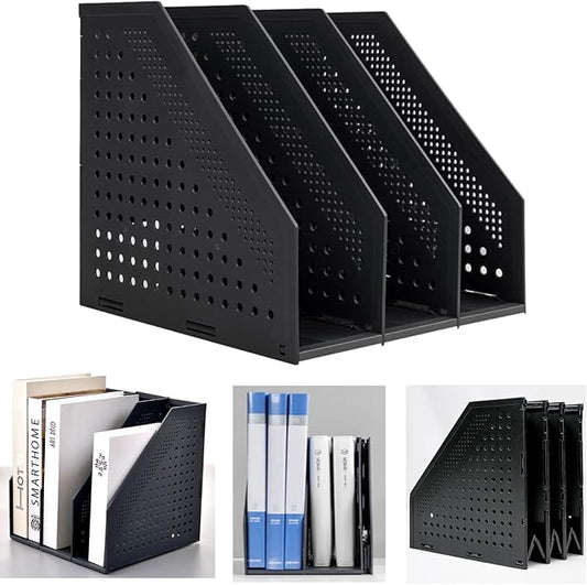 Marte Vanci Collapsible 3 Compartment Magazine Holder Desktop Organiser Adjustable Sturdy File Dividers Document Cabinet Rack Display (Black)