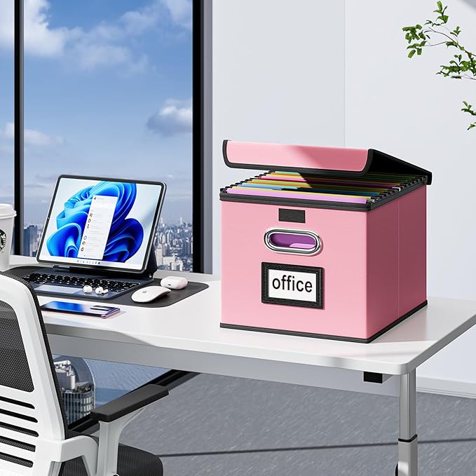 Portable Leather File Organizer Boxes with Lids, Office Document Boxes Organizer, Filing Boxes, Decorative Small File Boxes for Hanging Files, File Cabinet for Office/Home - 4 Pack