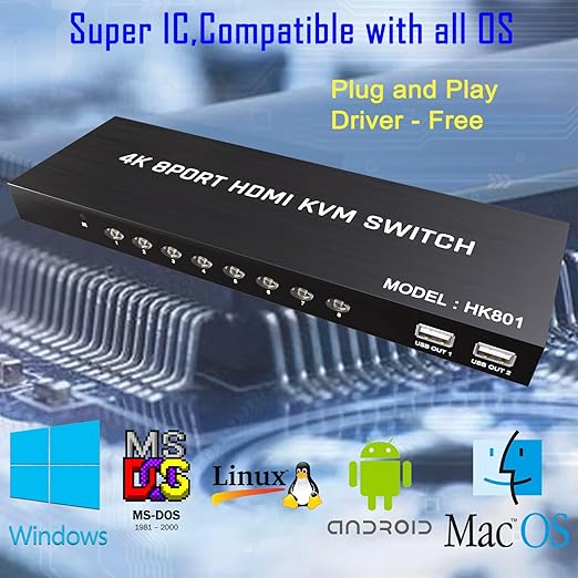HDMI KVM Switch 8 Port - KVM Switcher for 8 Computers Share 1 Monitor & 3 USB 2.0 Devices,Keyboard Mouse Printer,Support 4K@60Hz, 8 Cables 1 IR Remote Included