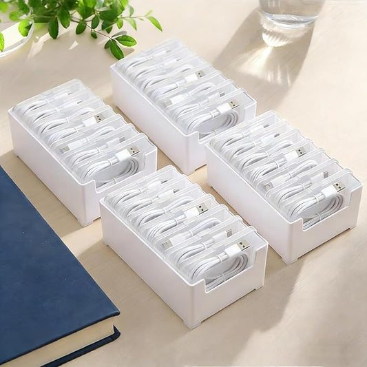 4 Set Cable Organizer Box with 7 Clear Switch Case Power Cord Organizer Desktop Cable Management Box Desktop Charger Cord Storage Organizer Box for Office Home Desk Accessories Stationery Supplies
