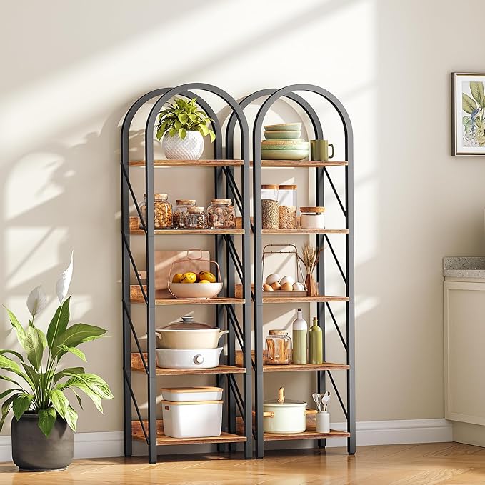 HOOBRO Bookshelf, 5-Tier Arched Bookshelf, Industrial Bookcase with Metal Frame, Tall Book Shelf Storage Organizer for Living Room, Office, Bedroom, Rustic Brown and Black BF425SJ01