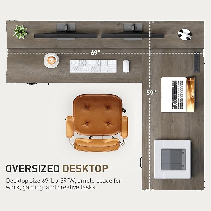 RALGEND Farmhouse 69" Executive L Shaped Desk with Drawer, Home Office Desk with Charging Station, Corner Computer Desk with Monitor Stand, File Drawer, Storage Cabinet, Greige