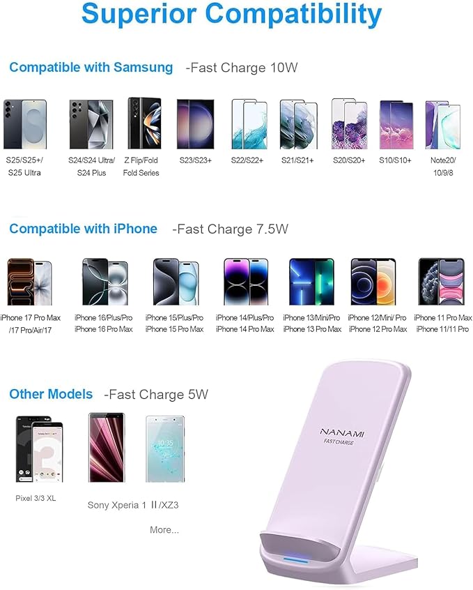 NANAMI Fast Wireless Charger, 10W Max Wireless Charging Stand with PD20W Adapter Charger Compatible for iPhone 17/17 Air/17 Pro/17 Pro Max/16/15/14/13/12,Samsung Galaxy S26/S25/S24/S23/S22/S21/Note 20